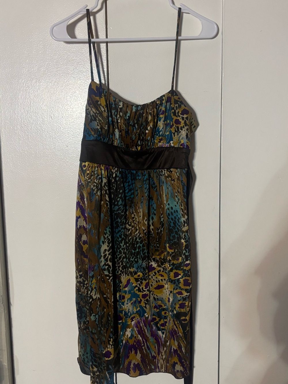 Spaghetti Strap Multicolor Print Dress - Olive, Teal & Brown